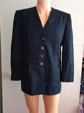 Harve Benard Navy V-Neck Single-Breasted Blazer Wool